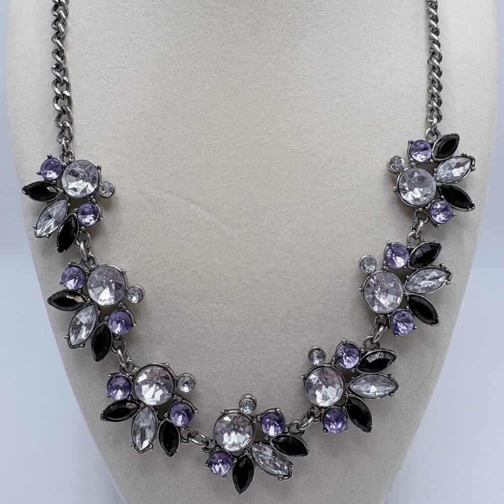 Vivi Love Silver-Tone Statement Necklace w/ Purple, Black and Clear Rhinestones